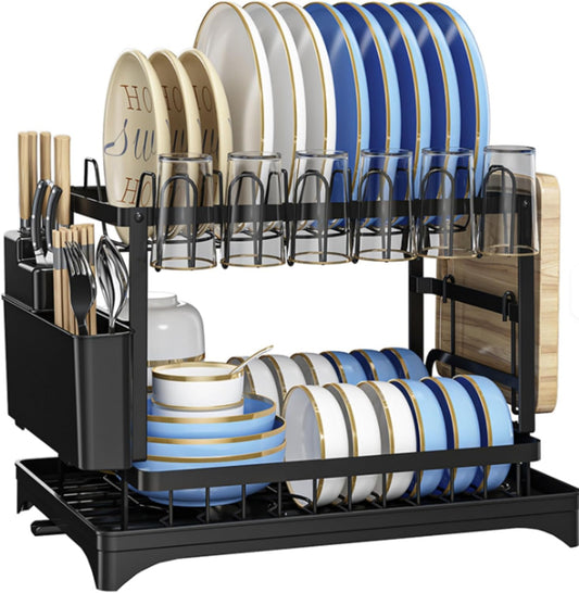 2-Tier Dish Drying Rack with Drainboard – Rustproof Steel Kitchen Organizer with Utensil & Cup Holder, Cutting Board & Knife Stand – Space-Saving Countertop Dish Drainer (Black)
