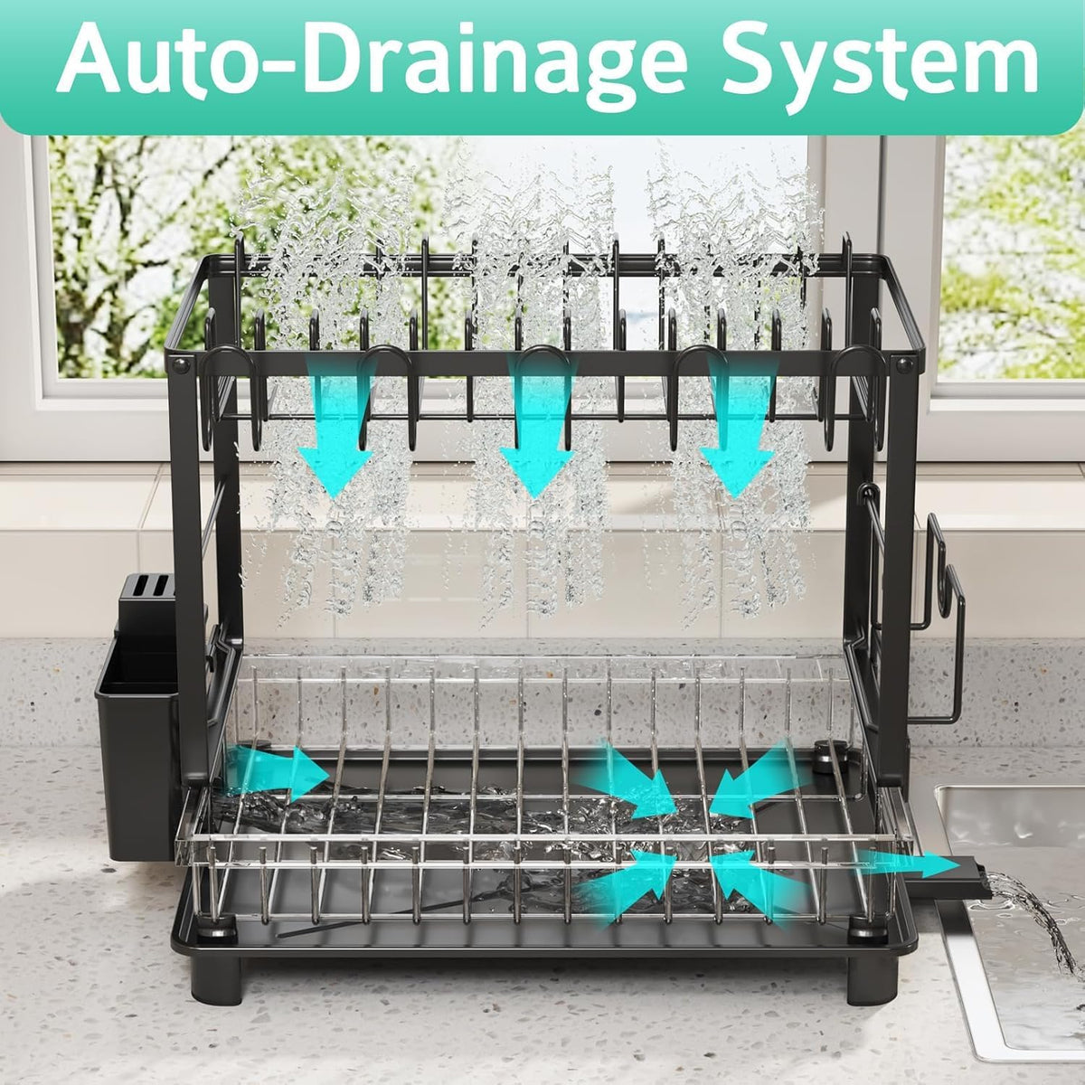 2-Tier Dish Drying Rack with Drainboard – Rustproof Steel Kitchen Organizer with Utensil & Cup Holder, Cutting Board & Knife Stand – Space-Saving Countertop Dish Drainer (Black)