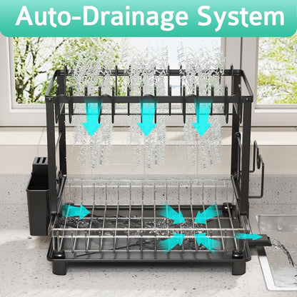 2-Tier Dish Drying Rack with Drainboard – Rustproof Steel Kitchen Organizer with Utensil & Cup Holder, Cutting Board & Knife Stand – Space-Saving Countertop Dish Drainer (Black)