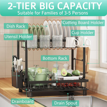 2-Tier Dish Drying Rack with Drainboard – Rustproof Steel Kitchen Organizer with Utensil & Cup Holder, Cutting Board & Knife Stand – Space-Saving Countertop Dish Drainer (Black)