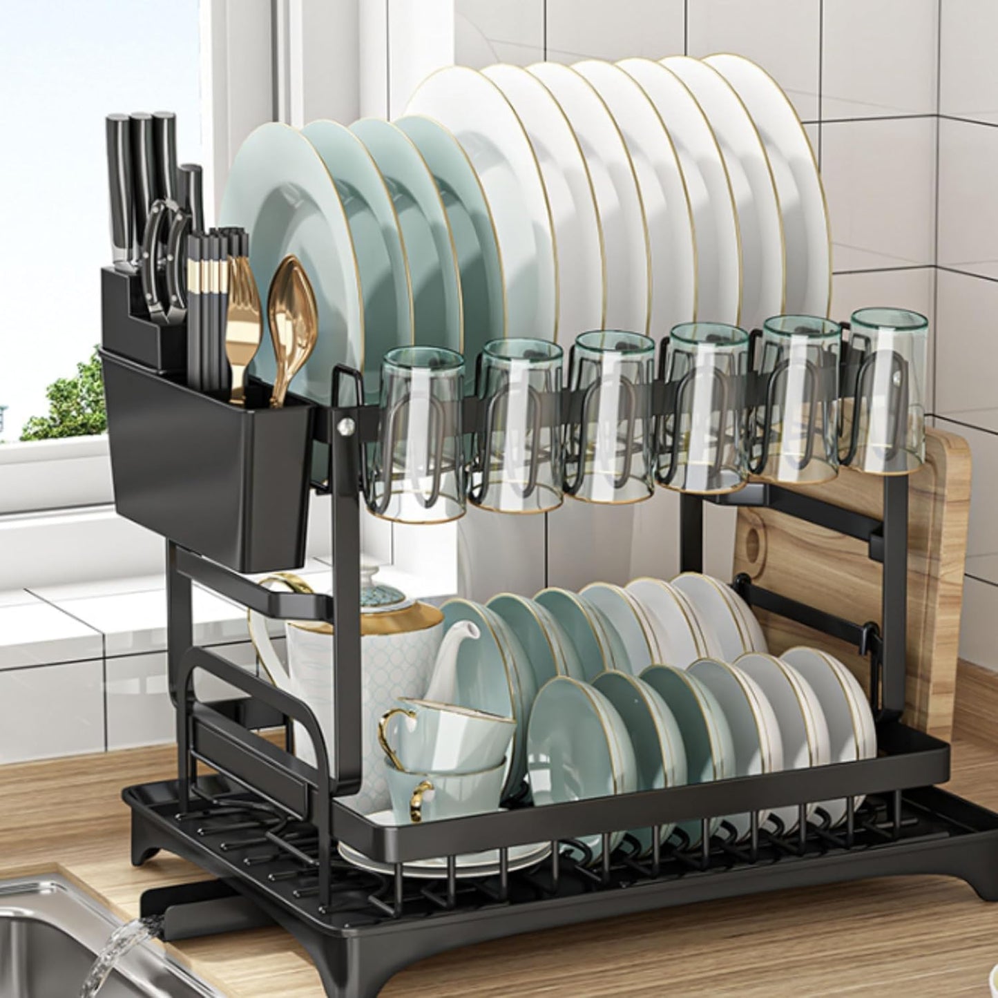 2-Tier Dish Drying Rack with Drainboard – Rustproof Steel Kitchen Organizer with Utensil & Cup Holder, Cutting Board & Knife Stand – Space-Saving Countertop Dish Drainer (Black)
