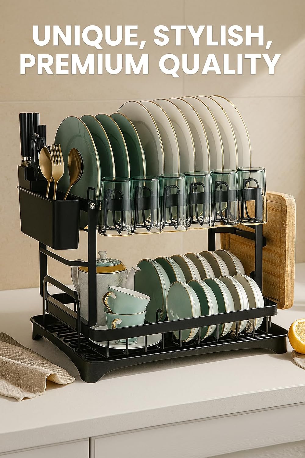 2-Tier Dish Drying Rack with Drainboard – Rustproof Steel Kitchen Organizer with Utensil & Cup Holder, Cutting Board & Knife Stand – Space-Saving Countertop Dish Drainer (Black)