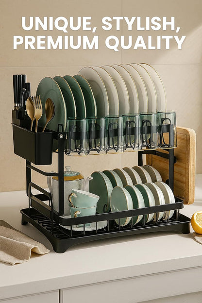 2-Tier Dish Drying Rack with Drainboard – Rustproof Steel Kitchen Organizer with Utensil & Cup Holder, Cutting Board & Knife Stand – Space-Saving Countertop Dish Drainer (Black)