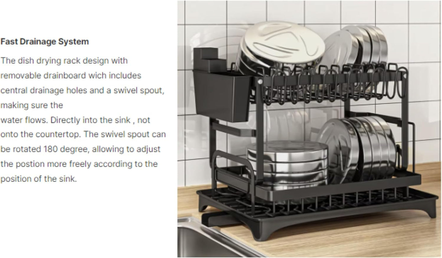 2-Tier Dish Drying Rack with Drainboard – Rustproof Steel Kitchen Organizer with Utensil & Cup Holder, Cutting Board & Knife Stand – Space-Saving Countertop Dish Drainer (Black)