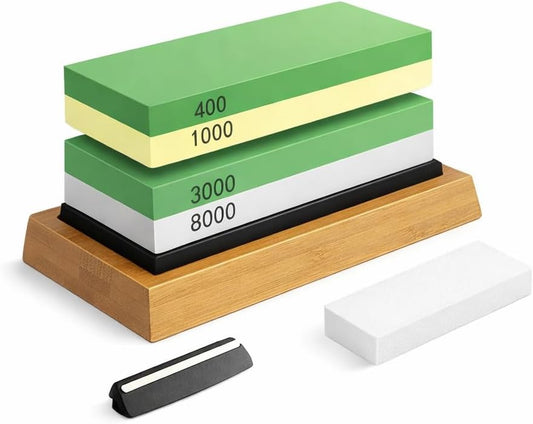 Knife Sharpening Stone Set, 4 Side Grit 400/1000 3000/8000 Whetstone Knife Sharpener Kit with Non Slip Bamboo Base, Angle Guide and Flattening Stone