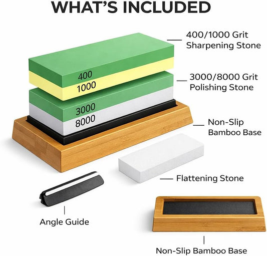 Knife Sharpening Stone Set, 4 Side Grit 400/1000 3000/8000 Whetstone Knife Sharpener Kit with Non Slip Bamboo Base, Angle Guide and Flattening Stone