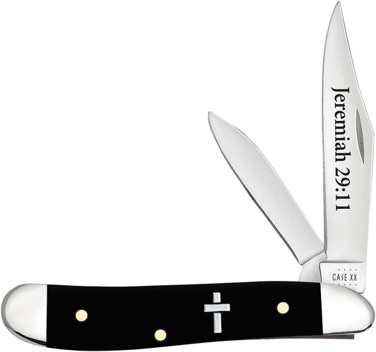 Case XX WR POCKET KNIFE PEANUT - JEREMIAH 29:11 - SMOOTH BLACK SYNTHETIC, ITEM 60866, LENGTH CLOSED 2 7/8 INCH (2220 SS)