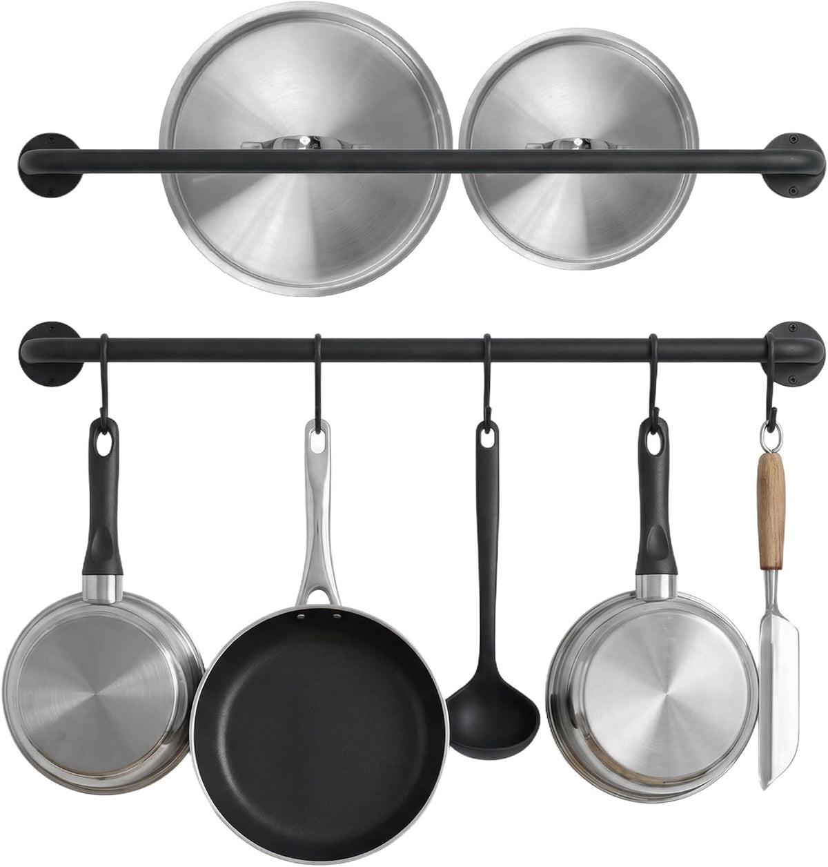 Black Steel-made Kitchen Utensil Rack Organizer Wall-mounted Pot Pan Wall Hanger Holder For Hanging Rail with 10 S Hooks