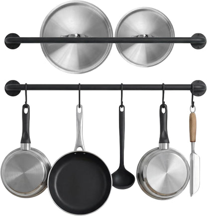 Black Steel-made Kitchen Utensil Rack Organizer Wall-mounted Pot Pan Wall Hanger Holder For Hanging Rail with 10 S Hooks