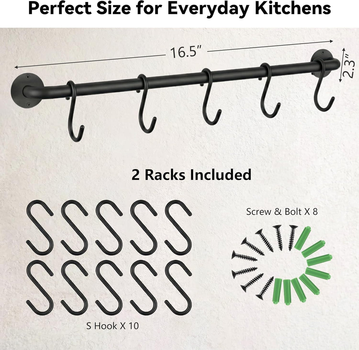Black Steel-made Kitchen Utensil Rack Organizer Wall-mounted Pot Pan Wall Hanger Holder For Hanging Rail with 10 S Hooks
