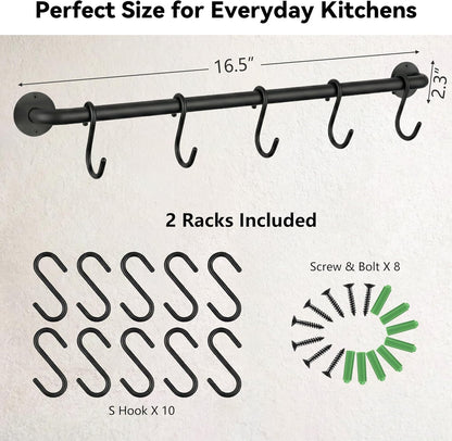 Black Steel-made Kitchen Utensil Rack Organizer Wall-mounted Pot Pan Wall Hanger Holder For Hanging Rail with 10 S Hooks