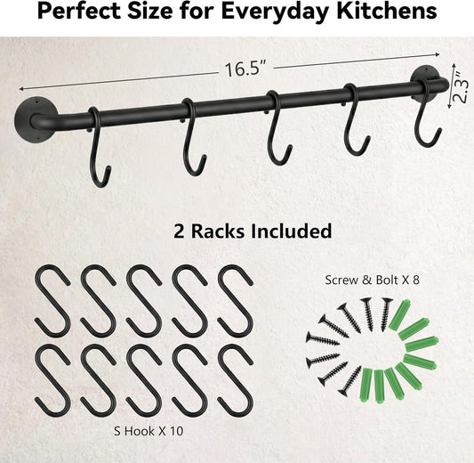 Black Steel-made Kitchen Utensil Rack Organizer Wall-mounted Pot Pan Wall Hanger Holder For Hanging Rail with 10 S Hooks