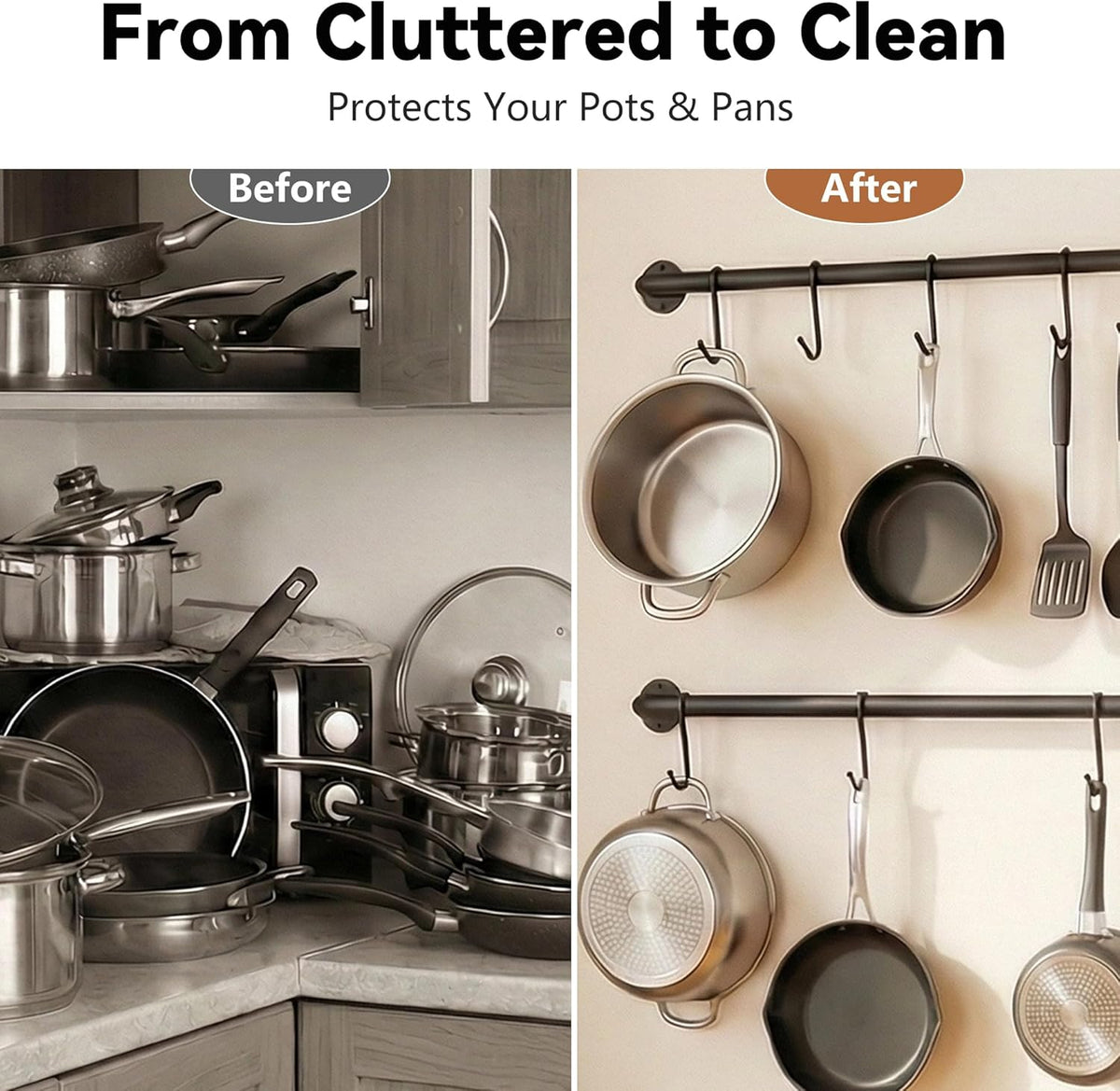 Black Steel-made Kitchen Utensil Rack Organizer Wall-mounted Pot Pan Wall Hanger Holder For Hanging Rail with 10 S Hooks