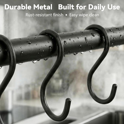 Black Steel-made Kitchen Utensil Rack Organizer Wall-mounted Pot Pan Wall Hanger Holder For Hanging Rail with 10 S Hooks