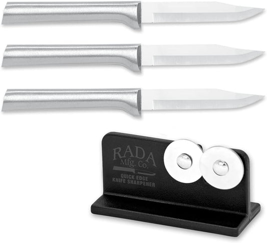 Regular Paring (R101) + Sharpener, Silver Handle, Pack of 3 | 3.25" Stainless Steel Blade with Quick Edge Sharpener (R119), Silver Cast Aluminum Handle