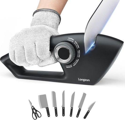 6-in-1 Knife Sharpener 5 Stage with Cut-Resistant Glove | Manual Home Kitchen Tool for Scissors, Straight & Serrated Knives, Quickly Sharpens Restores & Polishes Dull Blades Safe