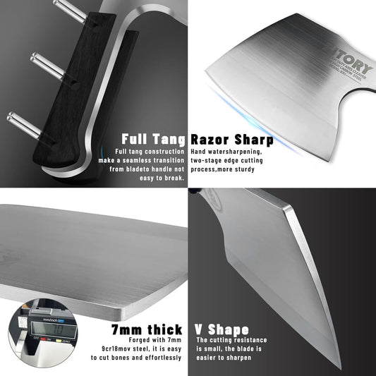 Meat Cleaver, Super Massive Heavy Duty Axe shape Kitchen Knife for Big Bones Beef Bones and Frozen Meat, bones breaker, Full Tang Butcher Knife, Black Wooden Handle