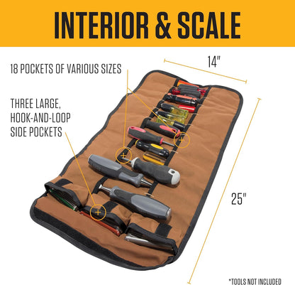 Utility Roll Organizer, Durable, Water-Resistant Tool Roll, Brown, 18 Pocket