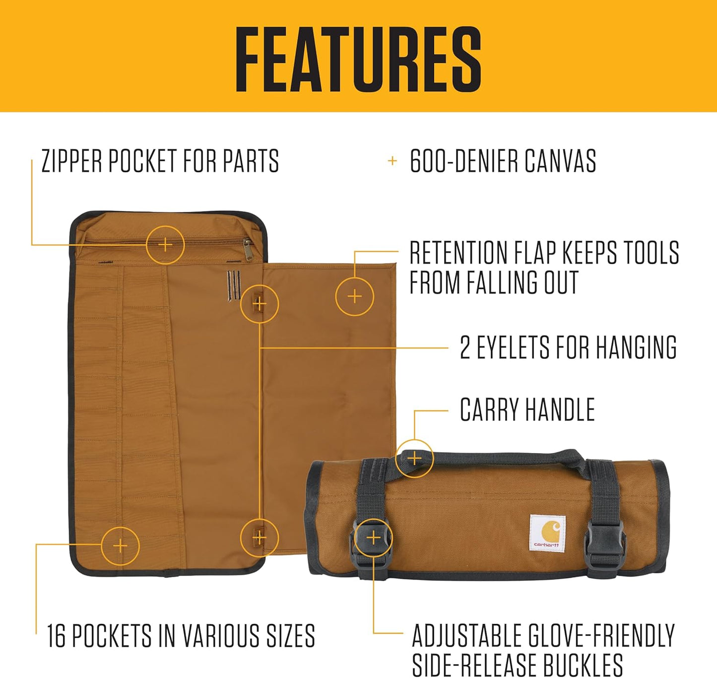 Utility Roll Organizer, Durable, Water-Resistant Tool Roll, Brown, 18 Pocket