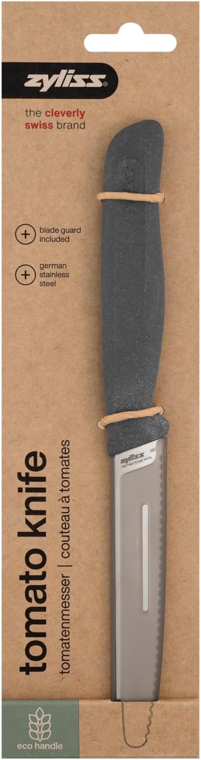 Serrated Tomato Knife – Sharp German Stainless Steel Blade with Sustainable Wheat Straw Non-Slip Handle – Safety Cover Included – Dishwasher Safe – 4.3 inches