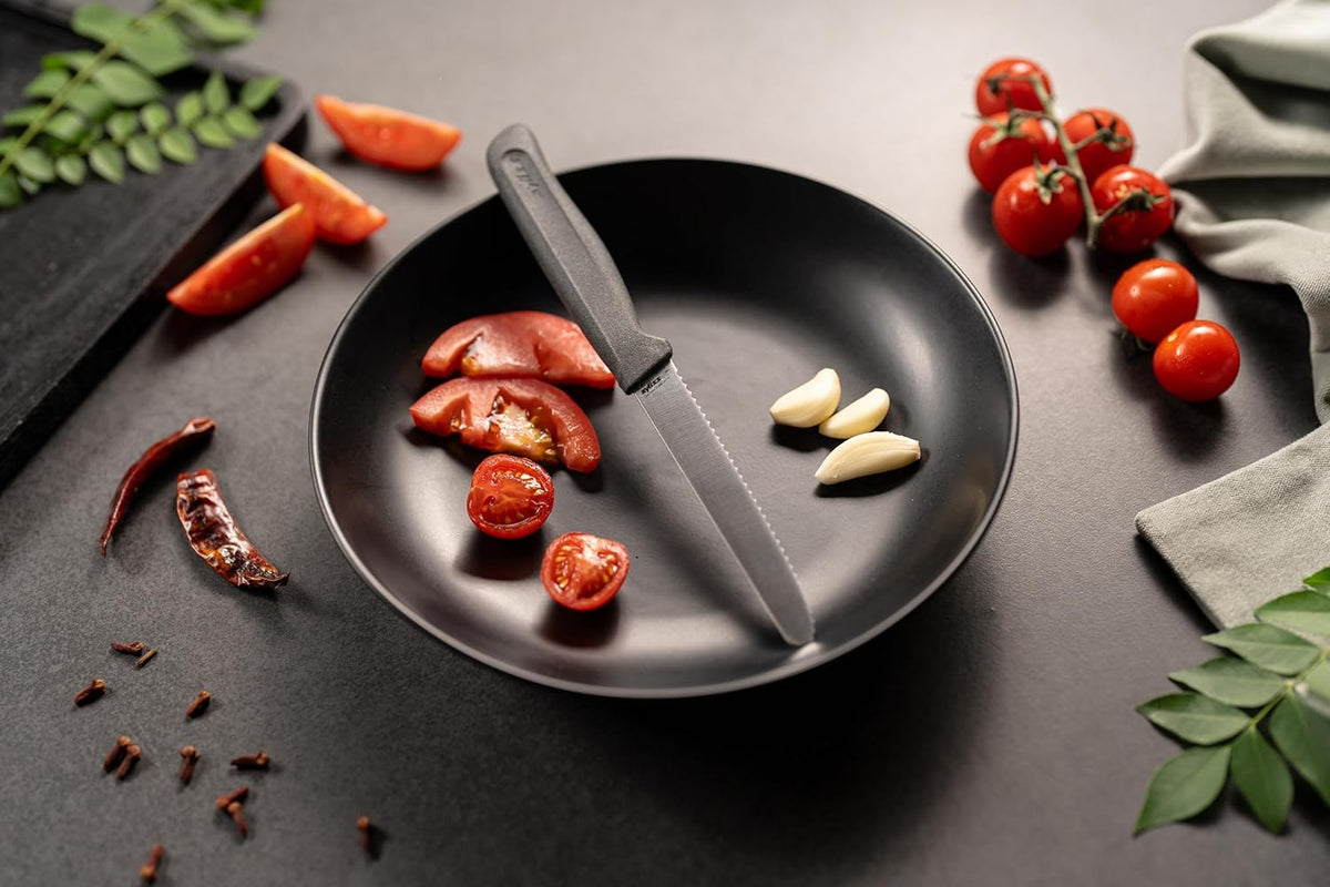 Serrated Tomato Knife – Sharp German Stainless Steel Blade with Sustainable Wheat Straw Non-Slip Handle – Safety Cover Included – Dishwasher Safe – 4.3 inches