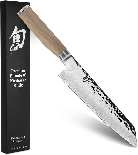 Premier Blonde 8" Kiritsuke Knife, Handcrafted Japanese Kitchen Knife for Professional and Home Chefs, VG-MAX Core with Damascus Stainless Steel Cladding, Pakkawood Handle