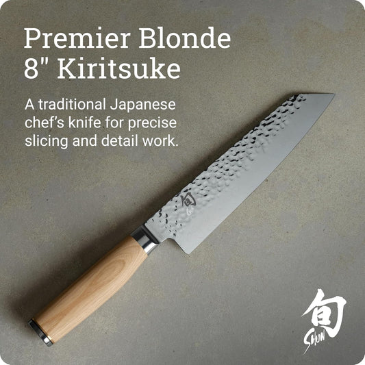 Premier Blonde 8" Kiritsuke Knife, Handcrafted Japanese Kitchen Knife for Professional and Home Chefs, VG-MAX Core with Damascus Stainless Steel Cladding, Pakkawood Handle