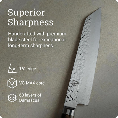 Premier Blonde 8" Kiritsuke Knife, Handcrafted Japanese Kitchen Knife for Professional and Home Chefs, VG-MAX Core with Damascus Stainless Steel Cladding, Pakkawood Handle
