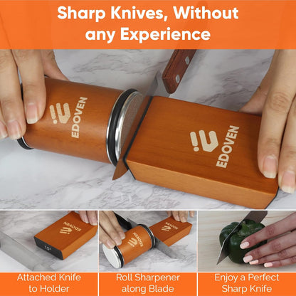 Knife Sharpener Tool – Rolling Knife Sharpener Kit with Leather Strop, Magnetic 15° & 20° Angle Guide, Manual Kitchen Knife Sharpener for Steel Knives, Ideal Gift