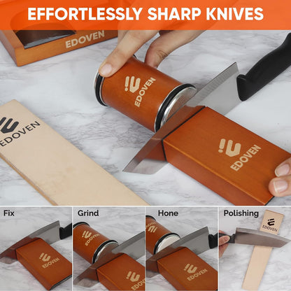 Knife Sharpener Tool – Rolling Knife Sharpener Kit with Leather Strop, Magnetic 15° & 20° Angle Guide, Manual Kitchen Knife Sharpener for Steel Knives, Ideal Gift