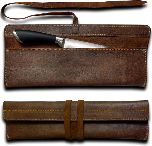 Leather Chef Knife Roll Bag – Single Slot Handmade Knife Sheath | Knife Wrap Case for Kitchen, Travel, BBQ & Camping | Cook & Butcher Knife Organizer | Chef Gift for Men & Women | Brown