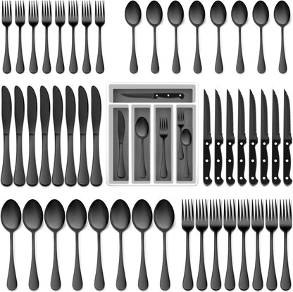 Black Silverware Set with Organizer, 49-Piece Stainless Steel Flatware Cutlery Set for 8 with Tray and Steak Knives, Kitchen Metal Eating Utensils Tableware Sets, Mirror Polished & Rust Proof