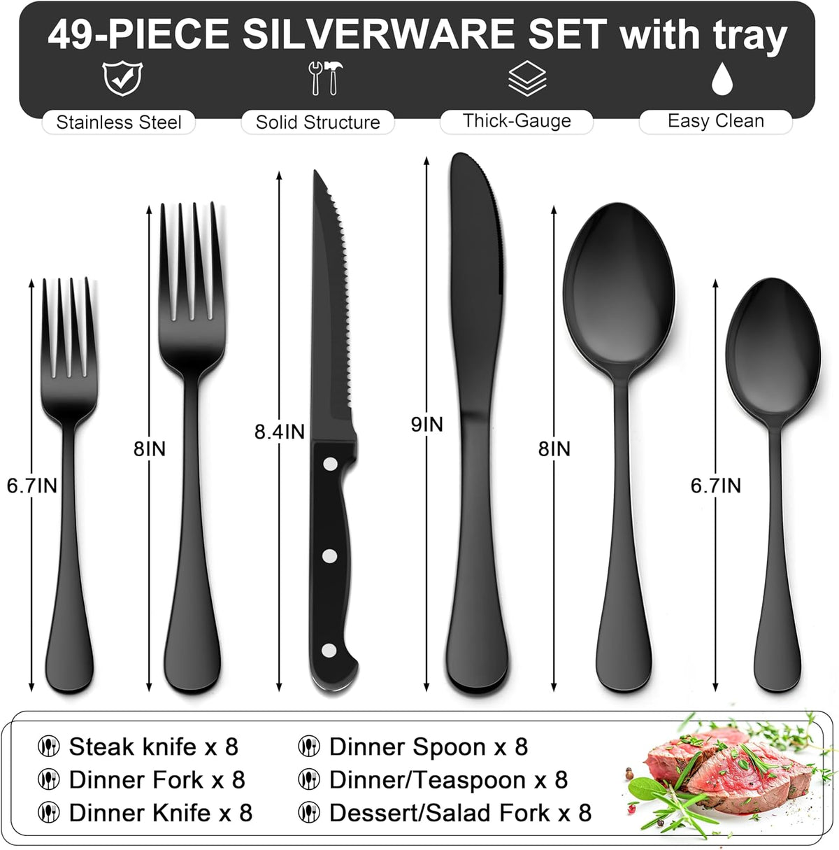 Black Silverware Set with Organizer, 49-Piece Stainless Steel Flatware Cutlery Set for 8 with Tray and Steak Knives, Kitchen Metal Eating Utensils Tableware Sets, Mirror Polished & Rust Proof