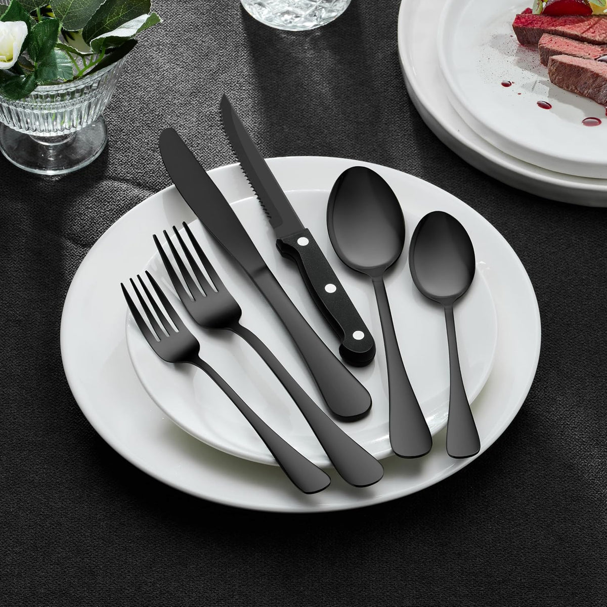 Black Silverware Set with Organizer, 49-Piece Stainless Steel Flatware Cutlery Set for 8 with Tray and Steak Knives, Kitchen Metal Eating Utensils Tableware Sets, Mirror Polished & Rust Proof