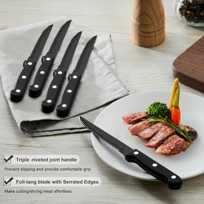 Black Silverware Set with Organizer, 49-Piece Stainless Steel Flatware Cutlery Set for 8 with Tray and Steak Knives, Kitchen Metal Eating Utensils Tableware Sets, Mirror Polished & Rust Proof