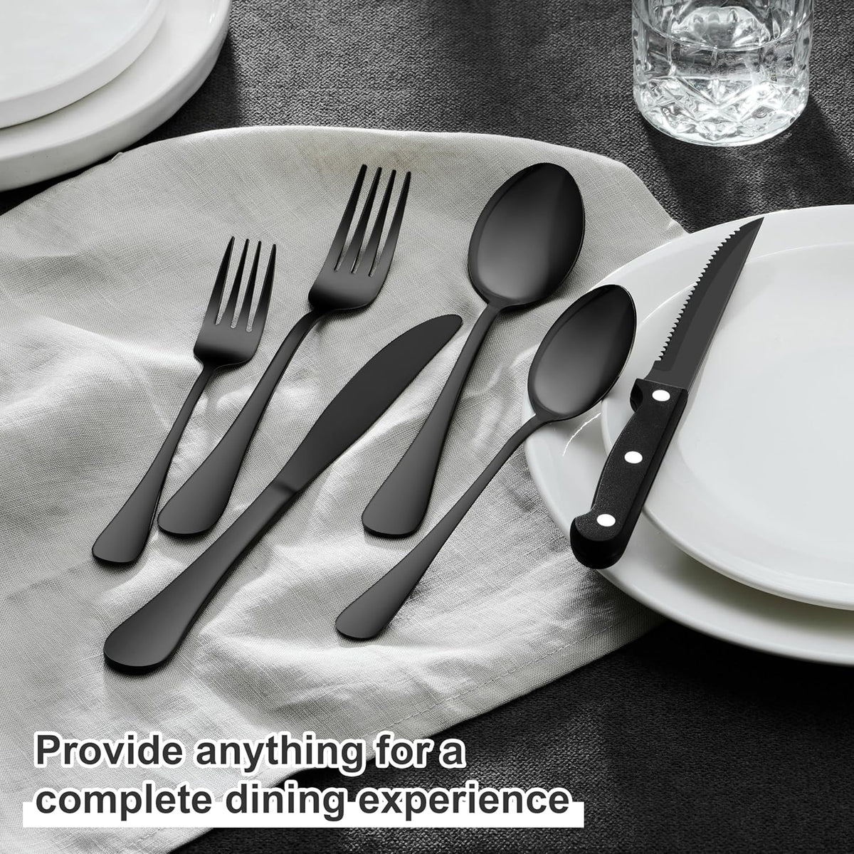 Black Silverware Set with Organizer, 49-Piece Stainless Steel Flatware Cutlery Set for 8 with Tray and Steak Knives, Kitchen Metal Eating Utensils Tableware Sets, Mirror Polished & Rust Proof