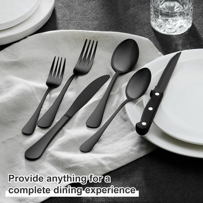 Black Silverware Set with Organizer, 49-Piece Stainless Steel Flatware Cutlery Set for 8 with Tray and Steak Knives, Kitchen Metal Eating Utensils Tableware Sets, Mirror Polished & Rust Proof
