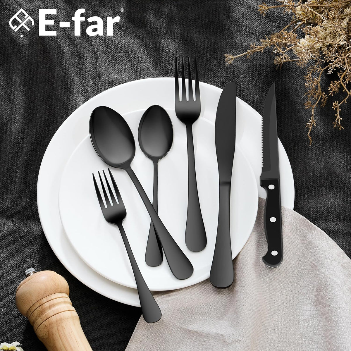 Black Silverware Set with Organizer, 49-Piece Stainless Steel Flatware Cutlery Set for 8 with Tray and Steak Knives, Kitchen Metal Eating Utensils Tableware Sets, Mirror Polished & Rust Proof