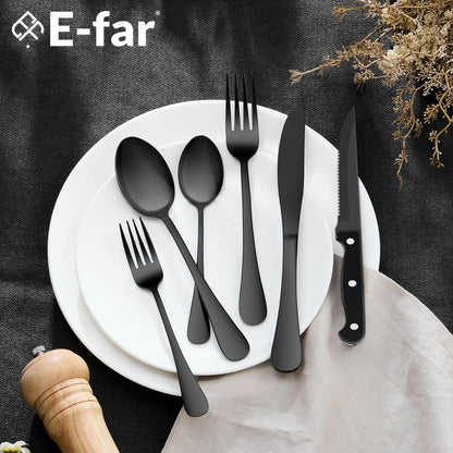 Black Silverware Set with Organizer, 49-Piece Stainless Steel Flatware Cutlery Set for 8 with Tray and Steak Knives, Kitchen Metal Eating Utensils Tableware Sets, Mirror Polished & Rust Proof