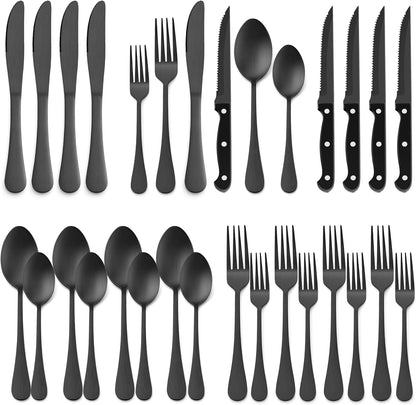 Black Silverware Set with Organizer, 49-Piece Stainless Steel Flatware Cutlery Set for 8 with Tray and Steak Knives, Kitchen Metal Eating Utensils Tableware Sets, Mirror Polished & Rust Proof