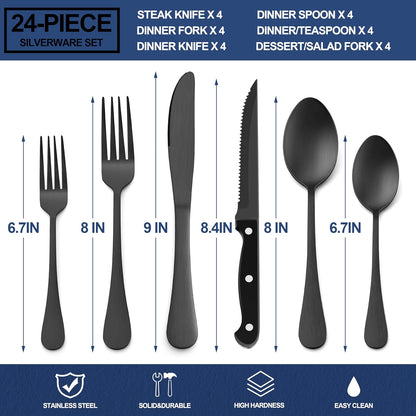 Black Silverware Set with Organizer, 49-Piece Stainless Steel Flatware Cutlery Set for 8 with Tray and Steak Knives, Kitchen Metal Eating Utensils Tableware Sets, Mirror Polished & Rust Proof