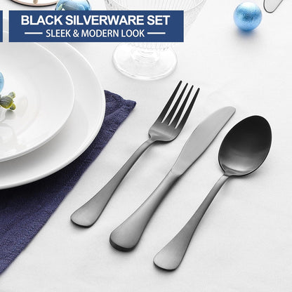 Black Silverware Set with Organizer, 49-Piece Stainless Steel Flatware Cutlery Set for 8 with Tray and Steak Knives, Kitchen Metal Eating Utensils Tableware Sets, Mirror Polished & Rust Proof