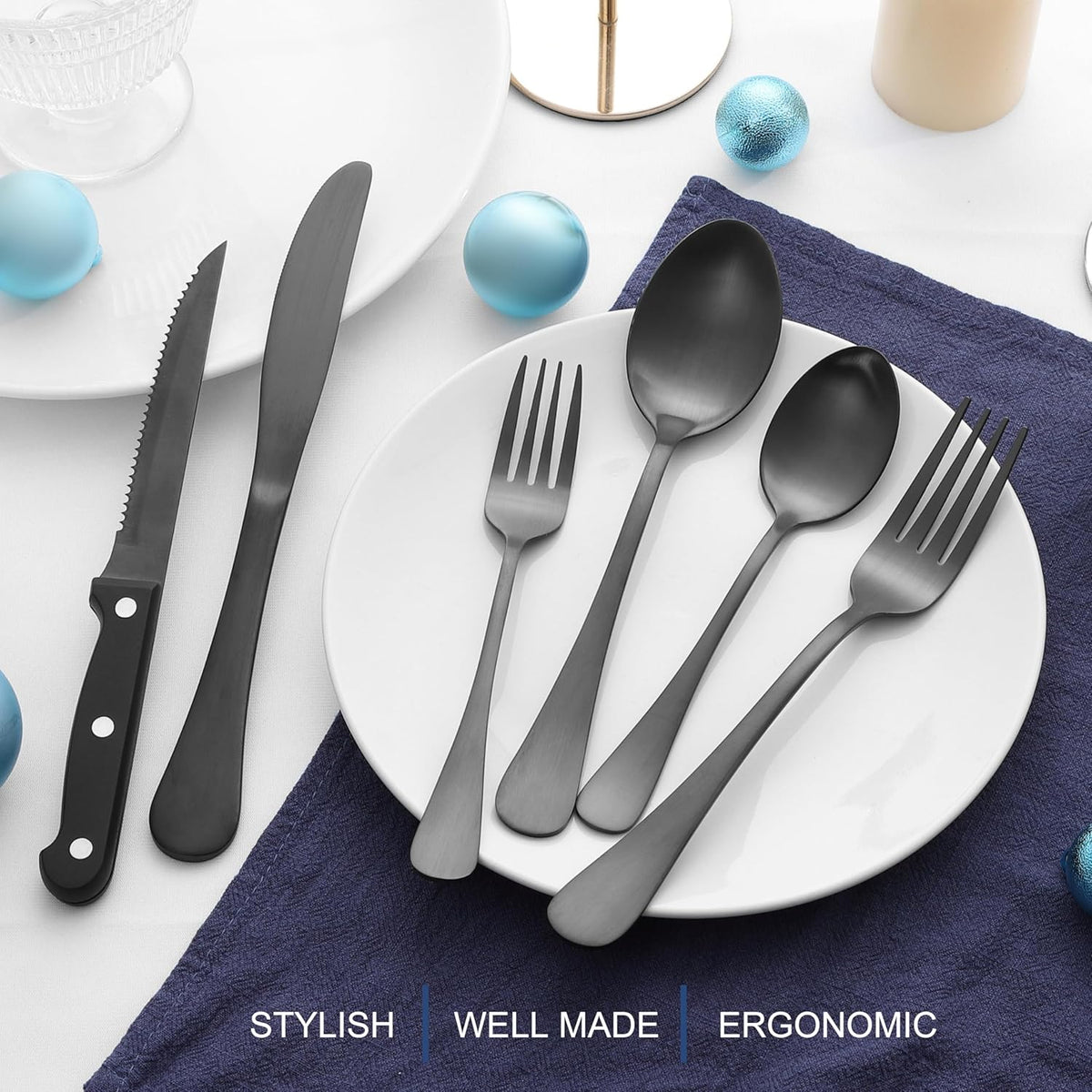 Black Silverware Set with Organizer, 49-Piece Stainless Steel Flatware Cutlery Set for 8 with Tray and Steak Knives, Kitchen Metal Eating Utensils Tableware Sets, Mirror Polished & Rust Proof