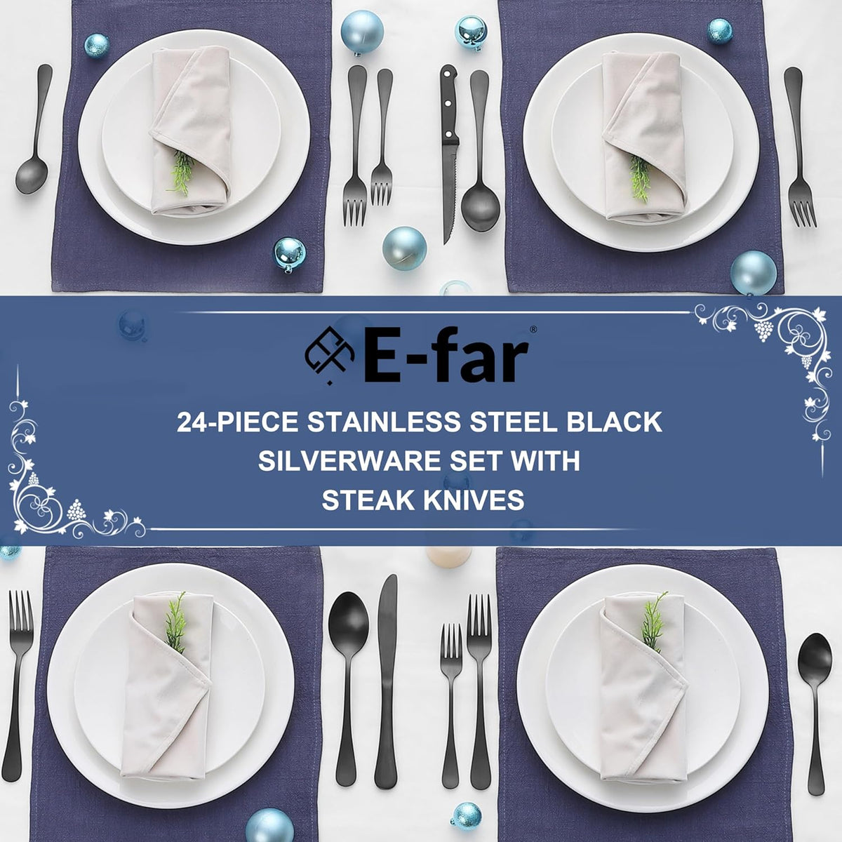 Black Silverware Set with Organizer, 49-Piece Stainless Steel Flatware Cutlery Set for 8 with Tray and Steak Knives, Kitchen Metal Eating Utensils Tableware Sets, Mirror Polished & Rust Proof