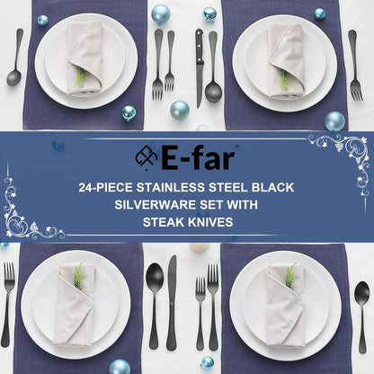 Black Silverware Set with Organizer, 49-Piece Stainless Steel Flatware Cutlery Set for 8 with Tray and Steak Knives, Kitchen Metal Eating Utensils Tableware Sets, Mirror Polished & Rust Proof
