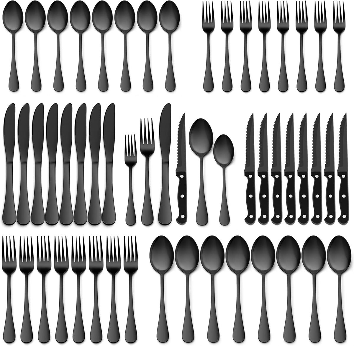 Black Silverware Set with Organizer, 49-Piece Stainless Steel Flatware Cutlery Set for 8 with Tray and Steak Knives, Kitchen Metal Eating Utensils Tableware Sets, Mirror Polished & Rust Proof