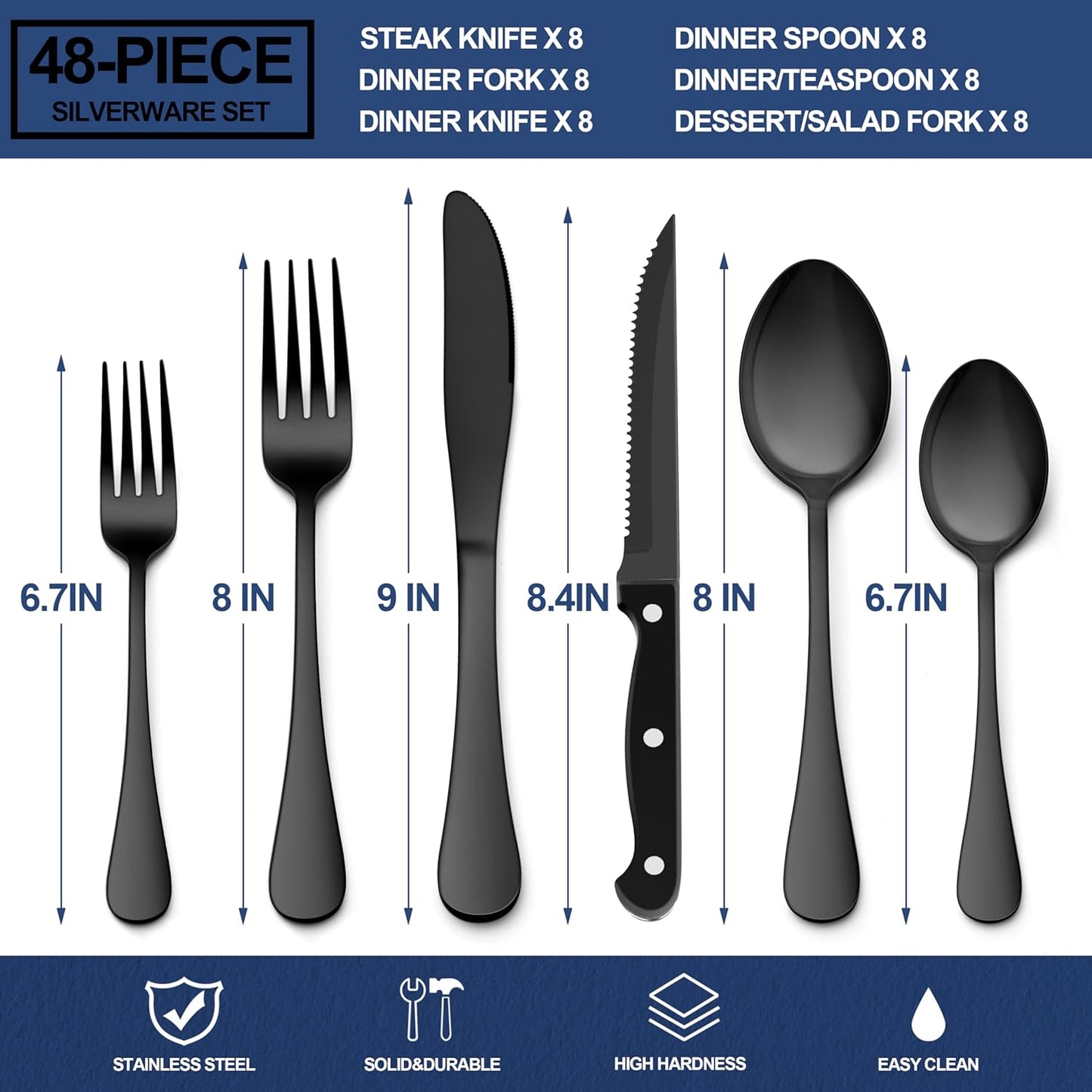 Black Silverware Set with Organizer, 49-Piece Stainless Steel Flatware Cutlery Set for 8 with Tray and Steak Knives, Kitchen Metal Eating Utensils Tableware Sets, Mirror Polished & Rust Proof
