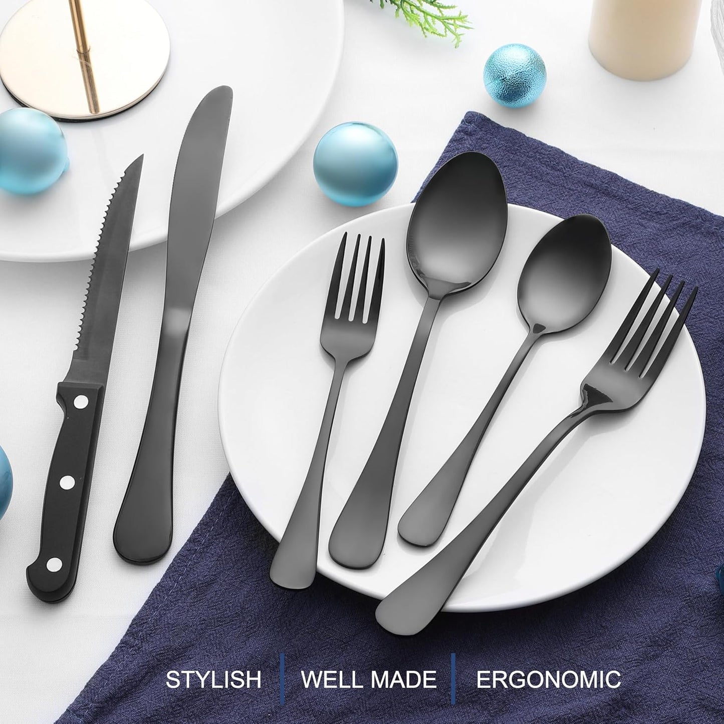 Black Silverware Set with Organizer, 49-Piece Stainless Steel Flatware Cutlery Set for 8 with Tray and Steak Knives, Kitchen Metal Eating Utensils Tableware Sets, Mirror Polished & Rust Proof