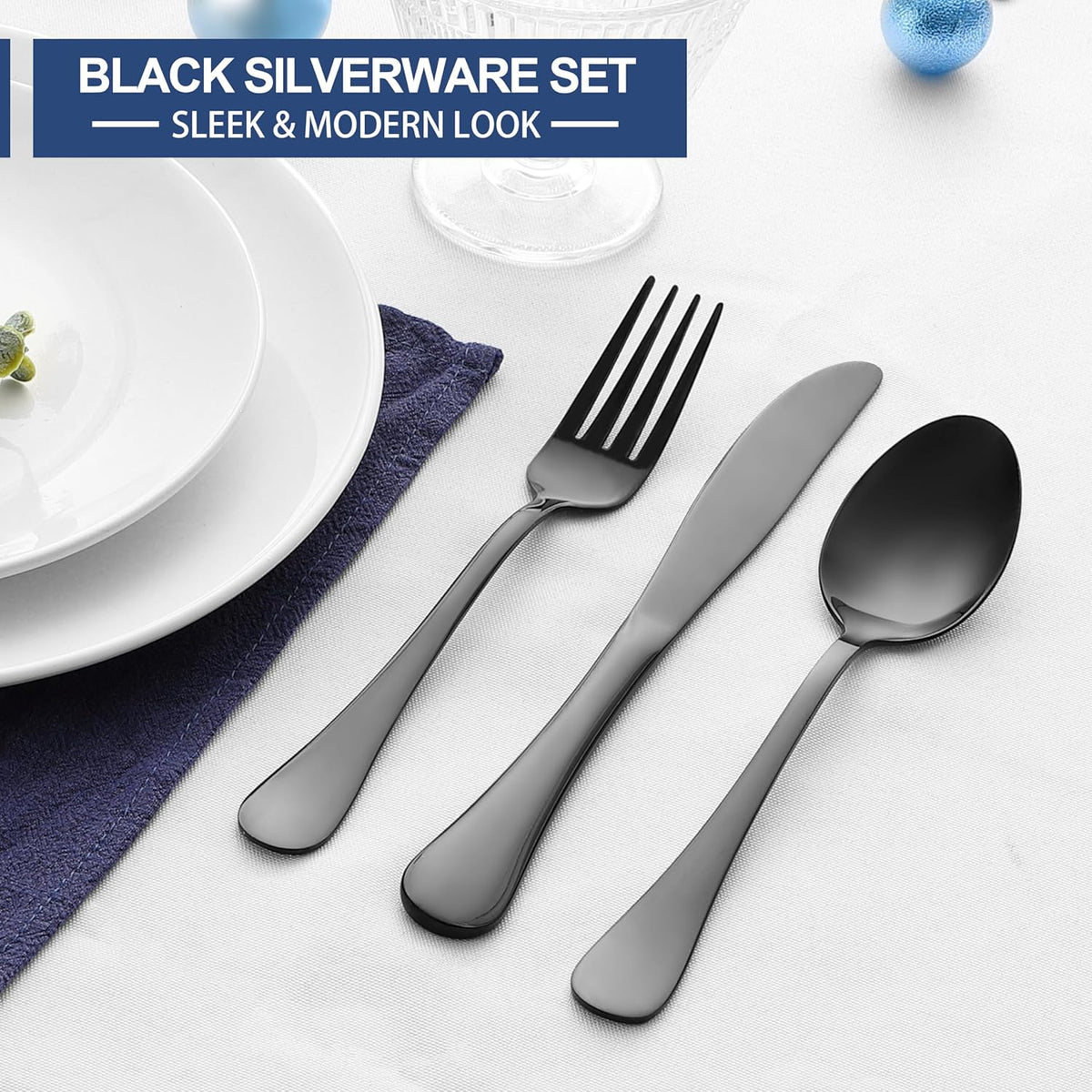 Black Silverware Set with Organizer, 49-Piece Stainless Steel Flatware Cutlery Set for 8 with Tray and Steak Knives, Kitchen Metal Eating Utensils Tableware Sets, Mirror Polished & Rust Proof