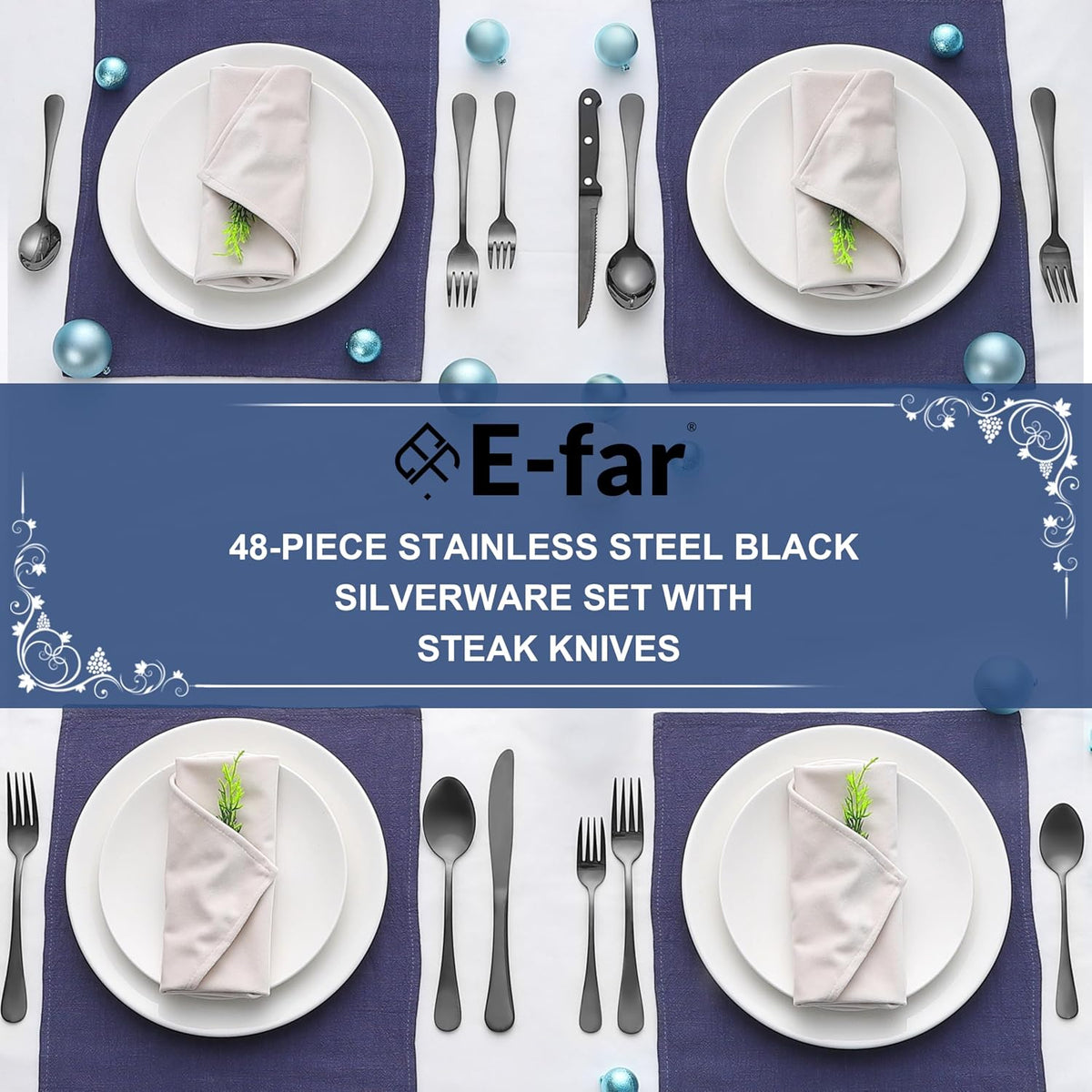 Black Silverware Set with Organizer, 49-Piece Stainless Steel Flatware Cutlery Set for 8 with Tray and Steak Knives, Kitchen Metal Eating Utensils Tableware Sets, Mirror Polished & Rust Proof